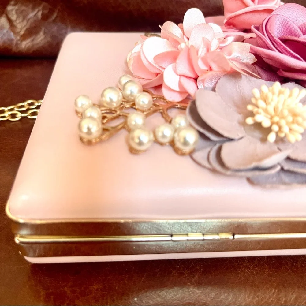 Elegant Floral & Pearl & Crystal Embellished Evening Clutch & Crossbody Bag